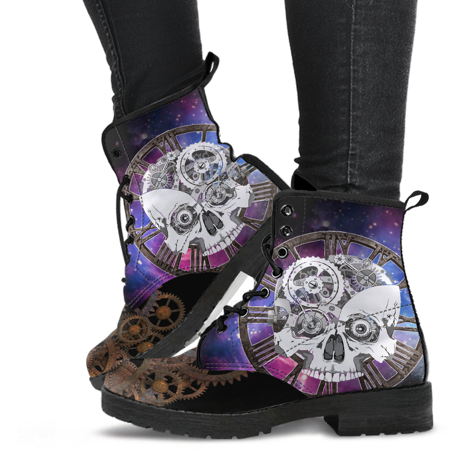Steampunk Skull, Clockwork Galaxy, Women's Boots, Vegan Leather, Combat Style Boots, Emo Punk Boots, Goth Winter Boots