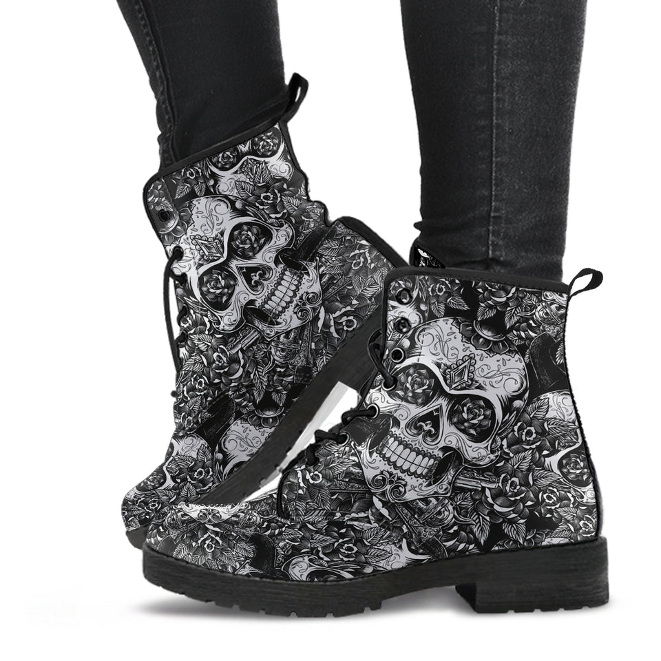 Black & White Skulls, Vegan Leather, Leather Boots Women, Handcrafted Boots, Floral, Bohemian boots, Hipster, Womens Printed Shoes