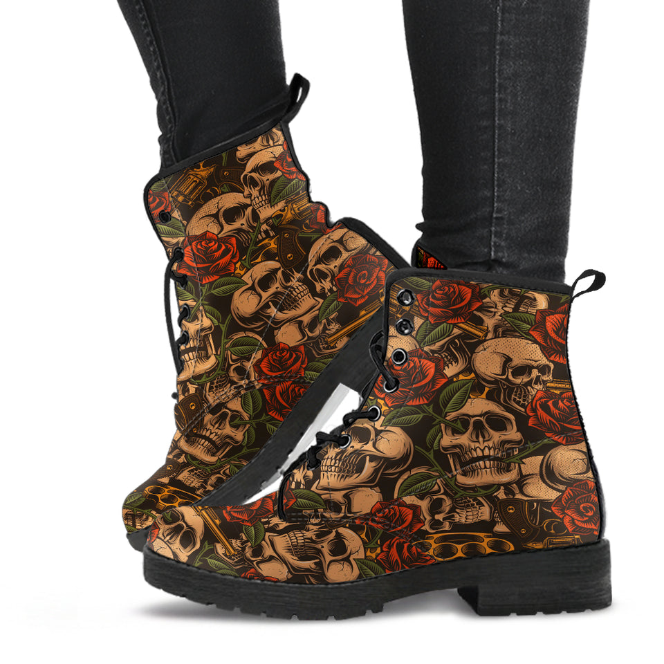 Flower Skull, Womens Leather Boots, Vegan Leather, Floral, Handmade Crafted, Hippie, Lace up Boots, Rain Boots, Classic Boot