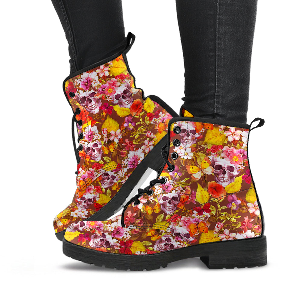 Flower Skulls, Womens Leather Boots, Vegan Leather, Handmade Crafted, Streetwear, Hippie, Floral, Festival Boots, Rain Boots, Classic Boot