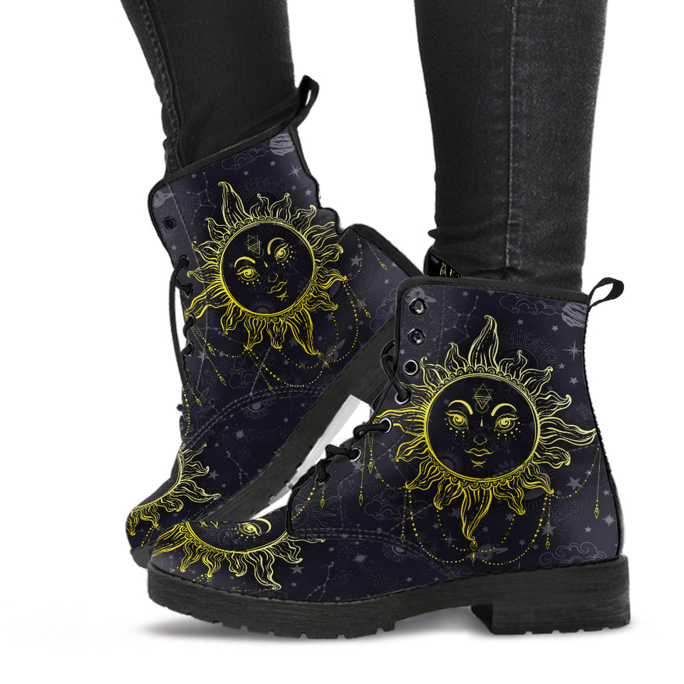 Sun and Moon, Mandala Design, Women's Boots, Vegan Leather, Combat Style Boots