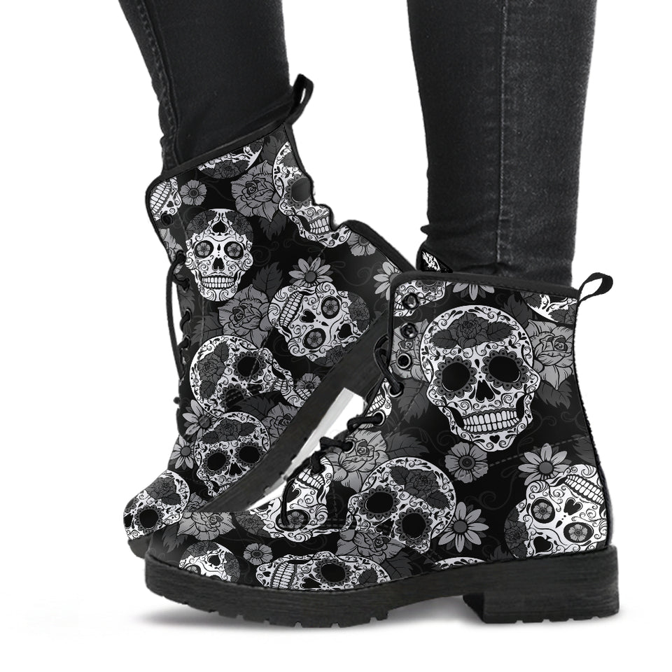 Black & White Skulls, Leather Boots Women, Vegan Leather, Floral, Handmade Boots, Hipster, Bohemian boots, Womens Printed Shoes