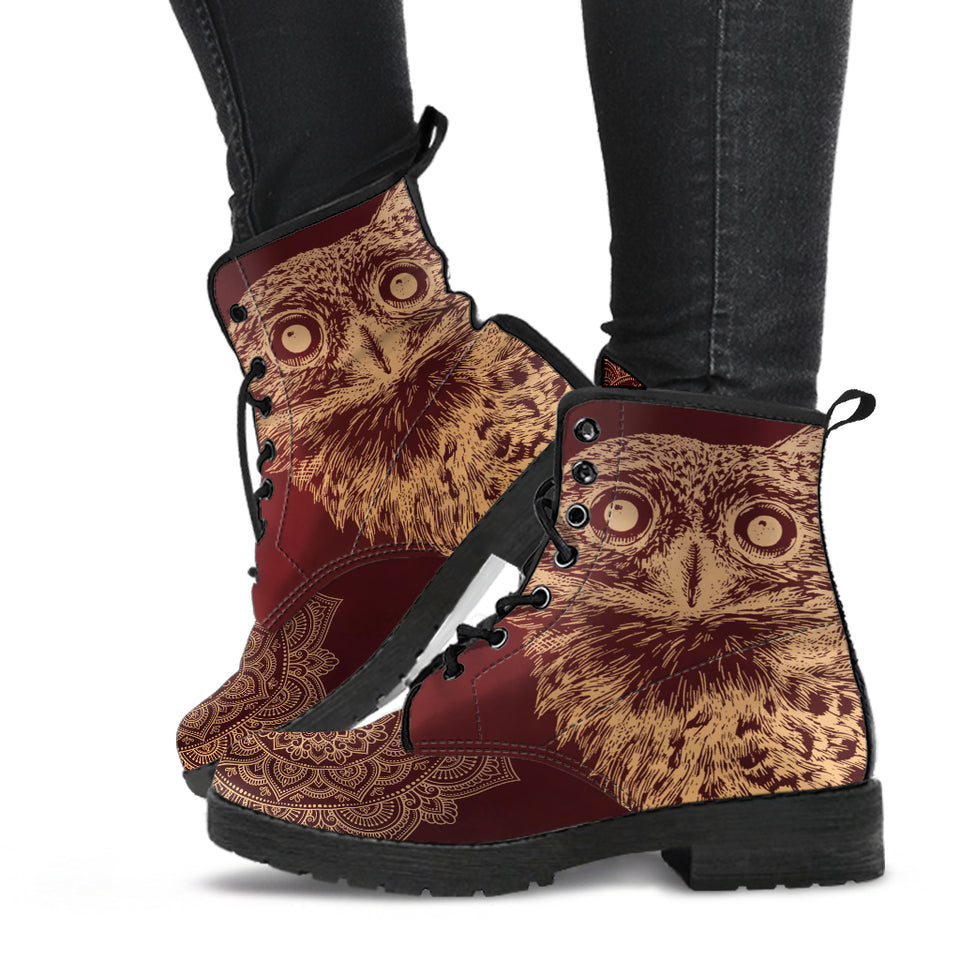 Golden Owl, Mandala, Hippie, Women Leather Boots, Streetwear, Handmade crafted, Vegan Leather, Dream Catcher, Women Girl Gift, Classic Boot