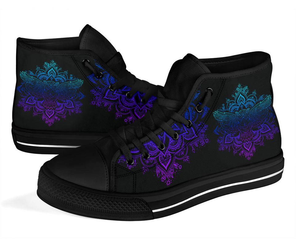 Owl Blue Purple, Womens Leather Boots high top