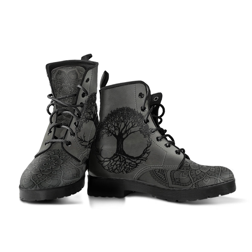 Grey Tree of Life, Handcrafted boots, Vegan Leather, ankle Boots Women