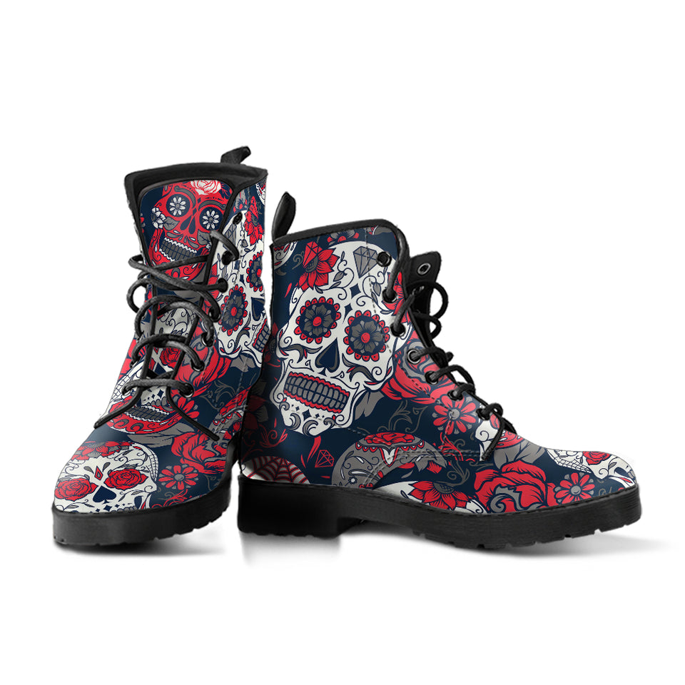 Red Sugar Skull, Dia De los Muertos, Women's Boots, Vegan Leather, Combat Style Boots, Lolita Combat Boots, Day Of The Dead