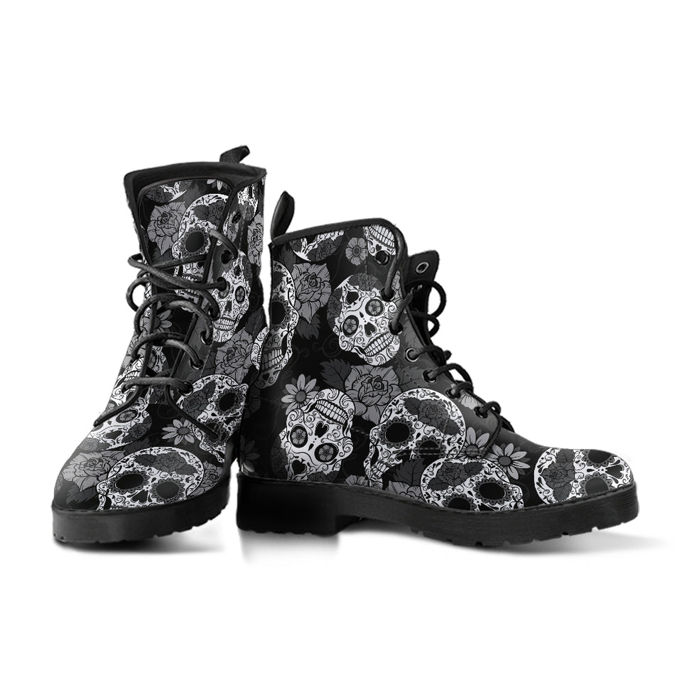 Black & White Skulls, Leather Boots Women, Vegan Leather, Floral, Handmade Boots, Hipster, Bohemian boots, Womens Printed Shoes