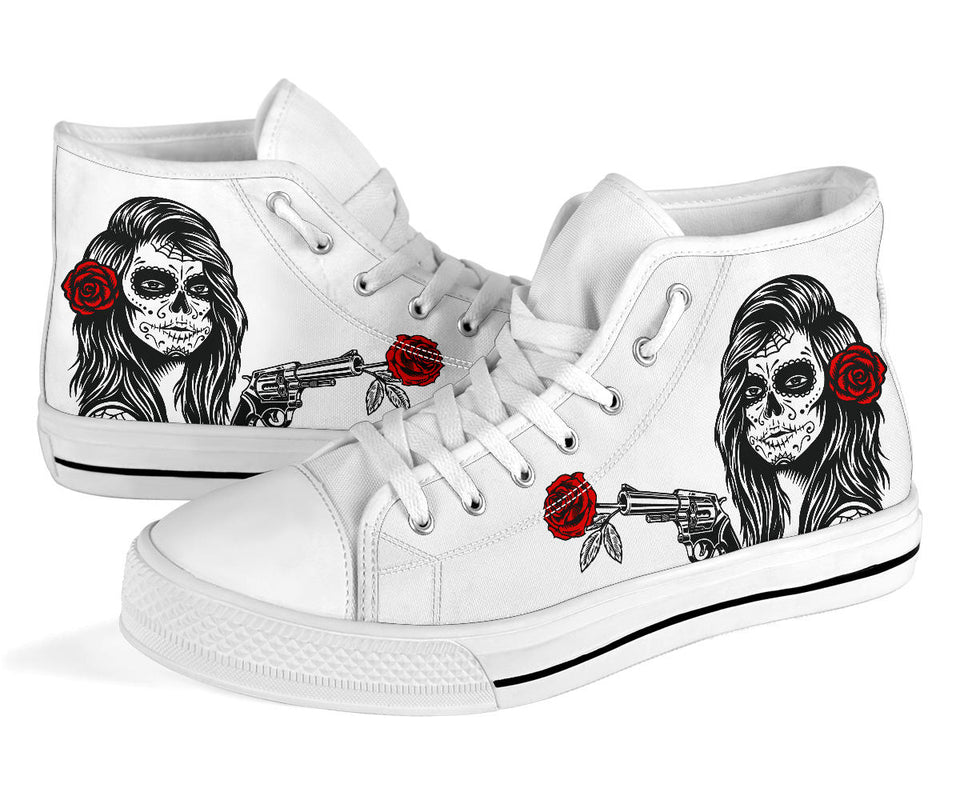 custom shoes sugar skull flowers roses pistol colour day of the dead cult gothic printed converse shoes sneakers sneakers