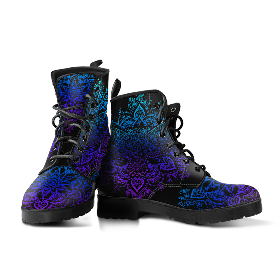 Owl Blue Purple, Womens Leather Boots, Vegan Leather, Spiritual, Multi Colored
