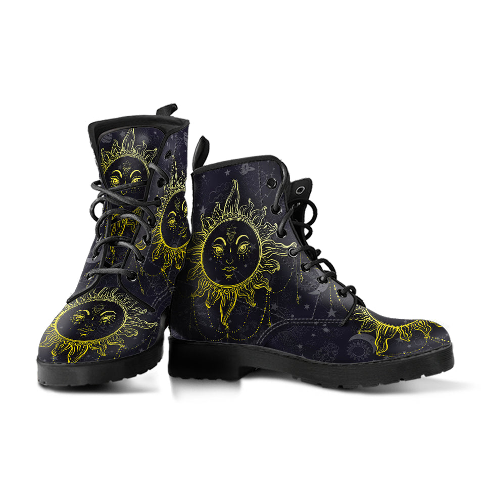 Sun and Moon, Mandala Design, Women's Boots, Vegan Leather, Combat Style Boots