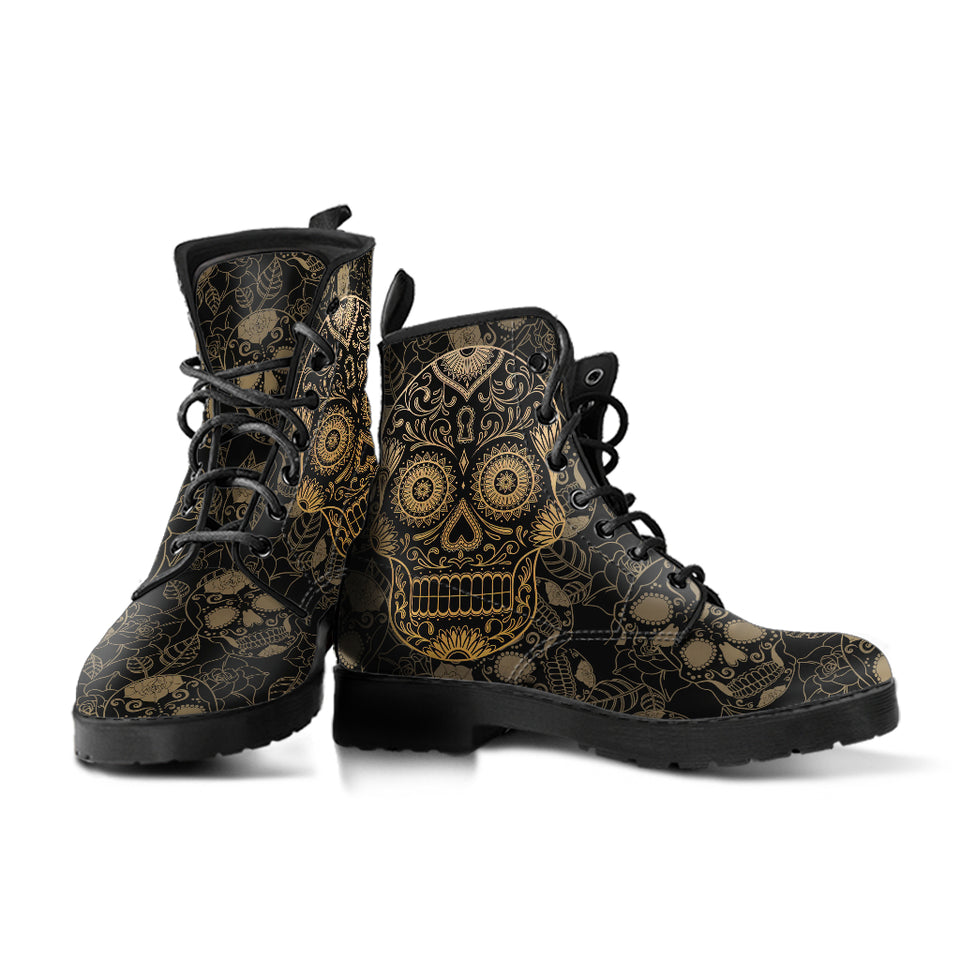 Black Sugar Skull, Dia De los Muertos, Women's Boots, Vegan Leather, Combat Style Boots, Lolita Combat Boots, Day Of The Dead
