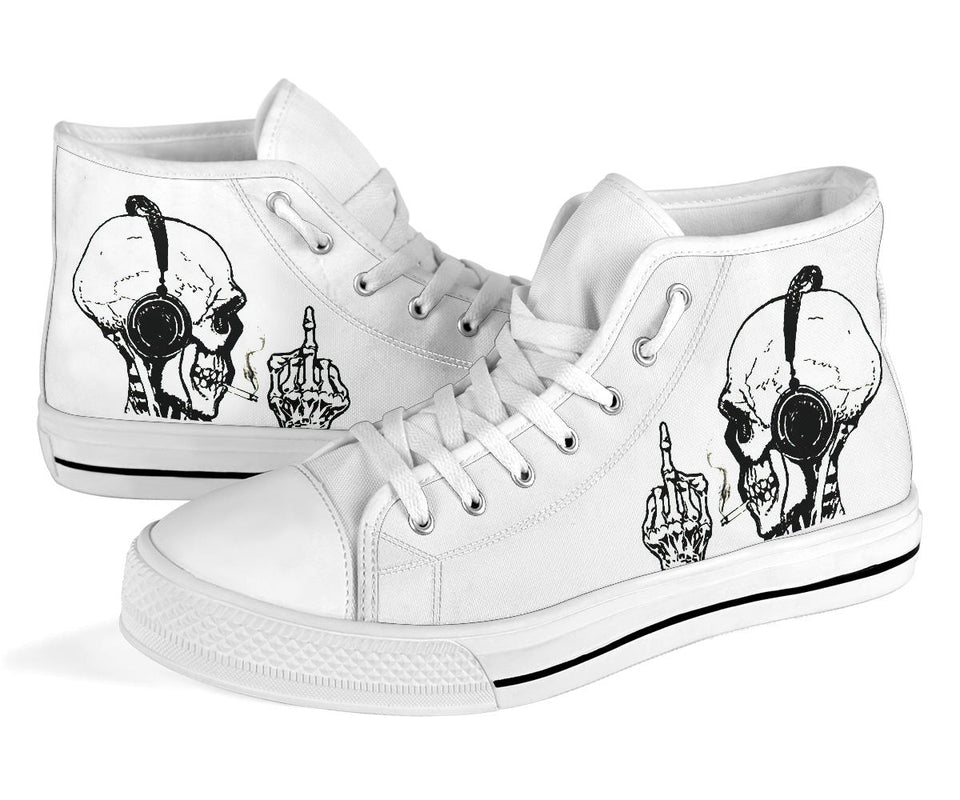 Skeleton wearing headphones up yours custom hightop converse