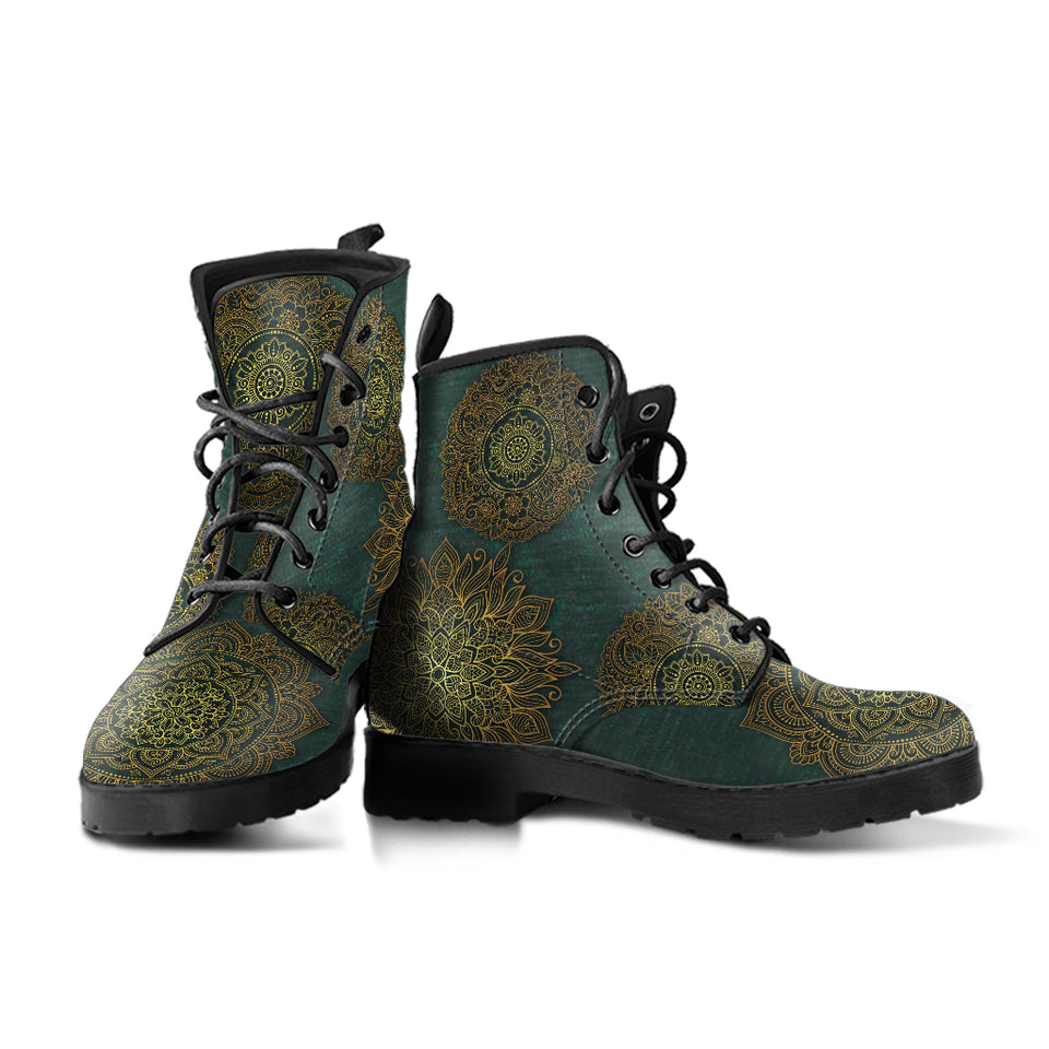 Green Mandala Boots, Leather Boots Women