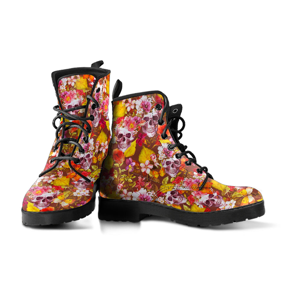 Flower Skulls, Womens Leather Boots, Vegan Leather, Handmade Crafted, Streetwear, Hippie, Floral, Festival Boots, Rain Boots, Classic Boot