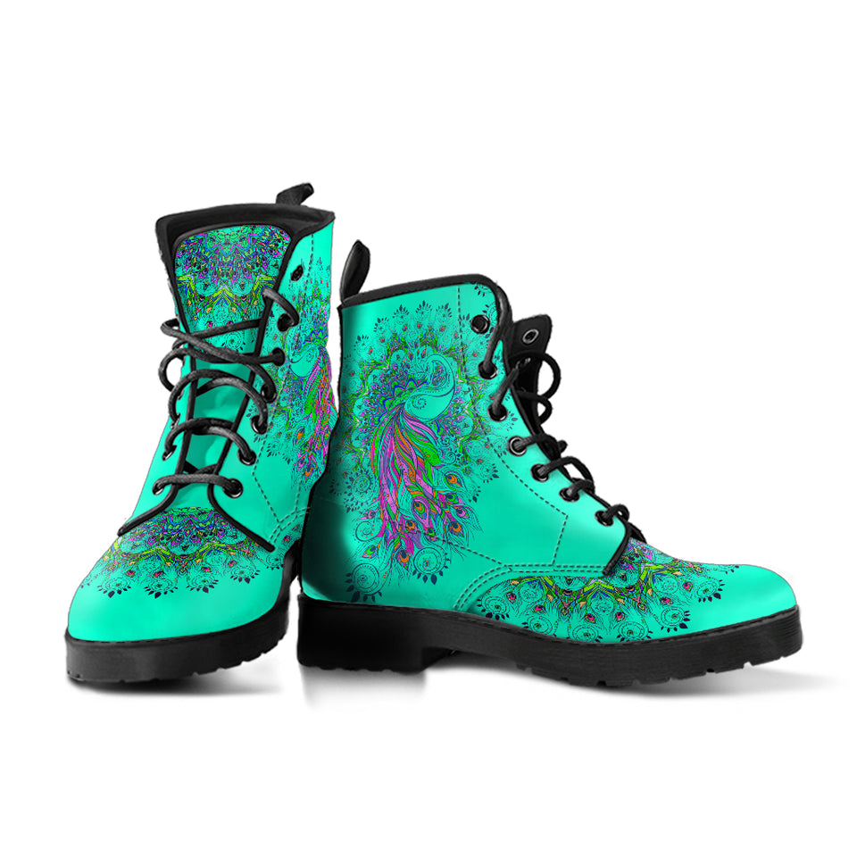 Peacock Mandala, Turquoise Teal Green, Women's Boots, Vegan Leather
