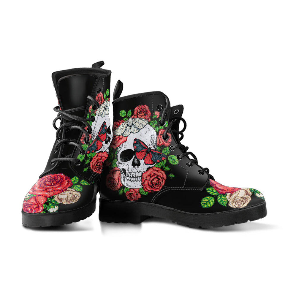 Skull and Roses, Gothic Hiking Boots, Women_s Boots, Vegan Leather, Combat Style Boots, Emo Punk Boots, Goth Winter Boots - up lai