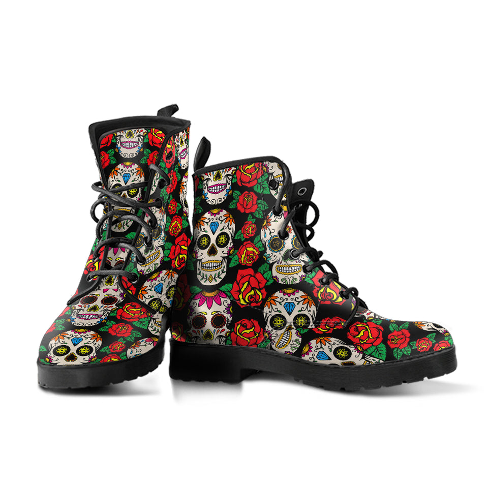 Sugar Skull Flowers, Mexican Skull, Women's Boots, Vegan Leather, Combat Style Boots, Lolita Combat Boots, Day Of The Dead