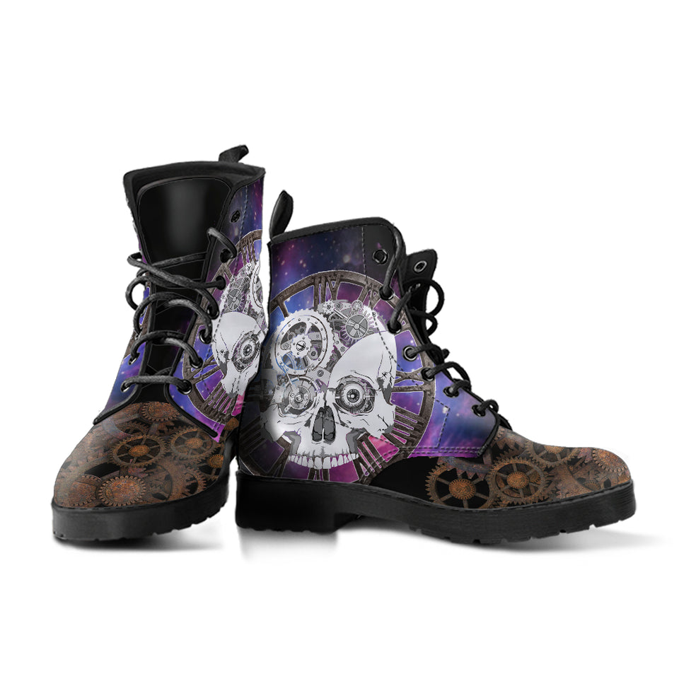 Steampunk Skull, Clockwork Galaxy, Women's Boots, Vegan Leather, Combat Style Boots, Emo Punk Boots, Goth Winter Boots