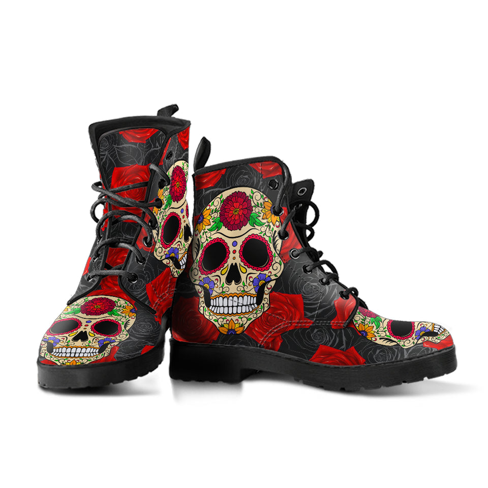 Sugar Skull Boots, Handmade Crafted, Womens Leather Boots, Hippie, Floral, Multi Colored, Vegan Leather, Streetwear, Classic Boot