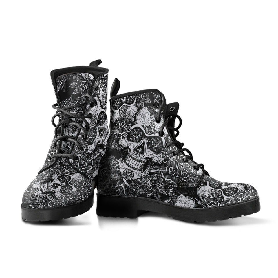 Black & White Skulls, Vegan Leather, Leather Boots Women, Handcrafted Boots, Floral, Bohemian boots, Hipster, Womens Printed Shoes