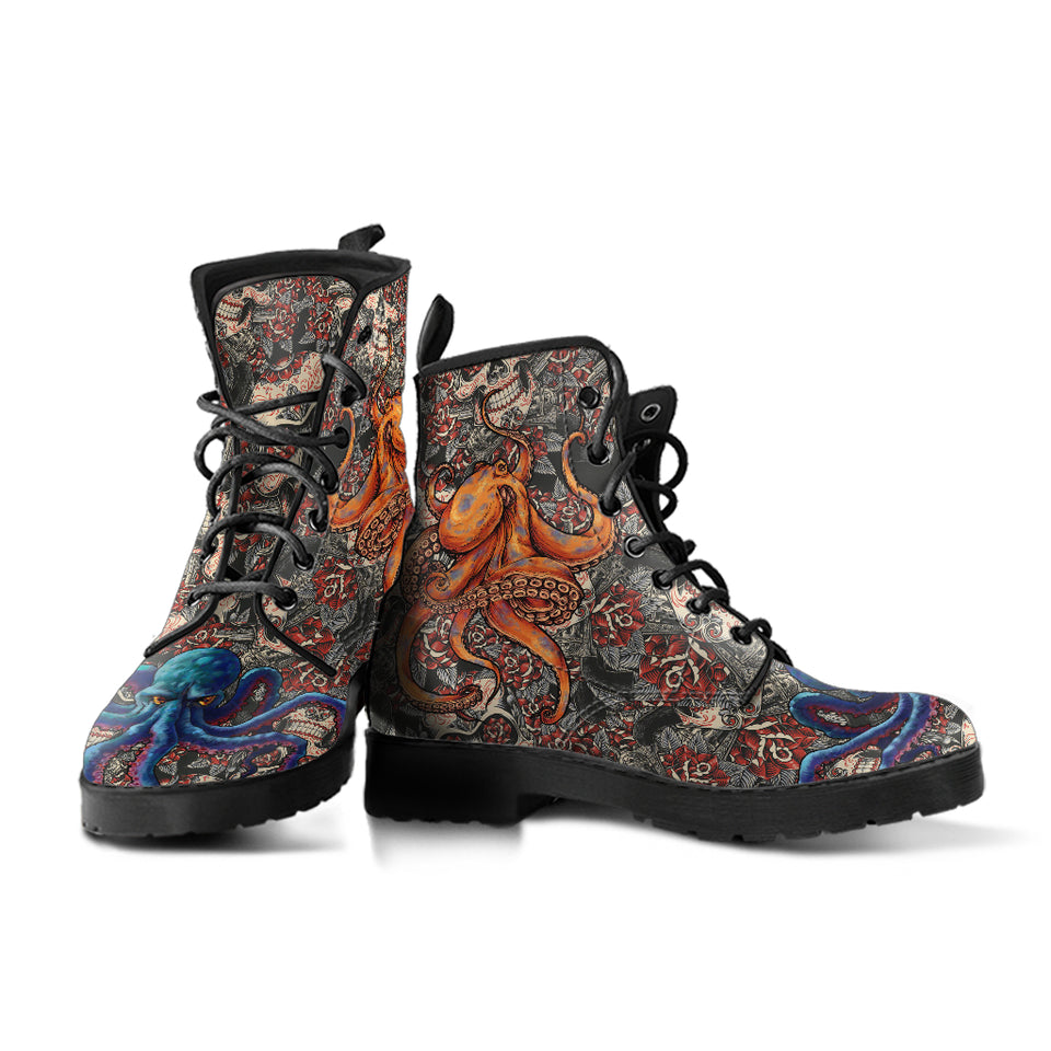 Sugar Skull Octopus, Leather Boots Women, Handmade Boots, Vegan Leather, Floral Skull, Womens Printed Shoes, Rain Boots, Streetwear