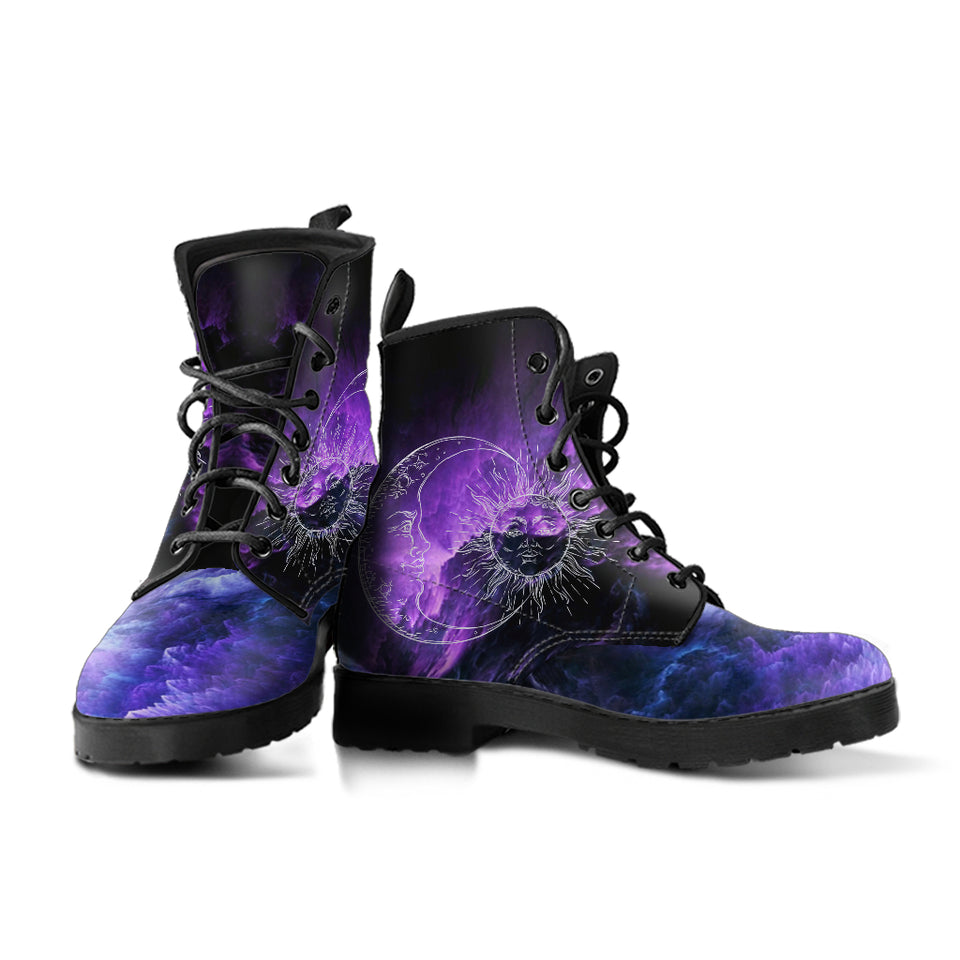 Sun and Moon Sky, Galaxy Cosmos Clouds, Women's Boots, Vegan Leather, Combat Style Boots, Purple Pink Silver, Hippie Gypsy Fairy
