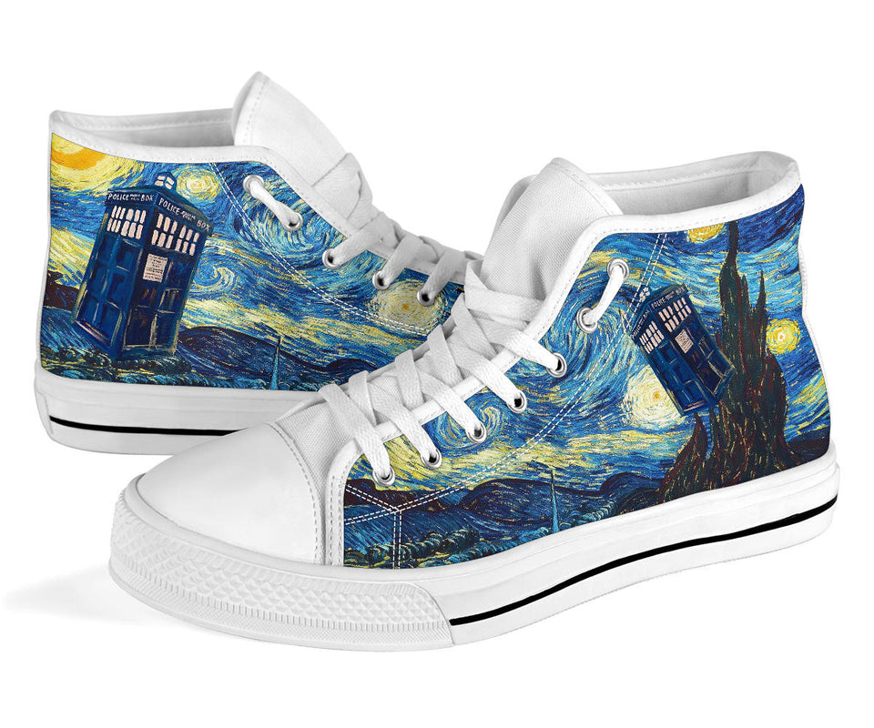 TARDIS in the Starry Night Custom Sneakers, Doctor Who Custom Shoes, Van Gogh Hand Painted Shoes