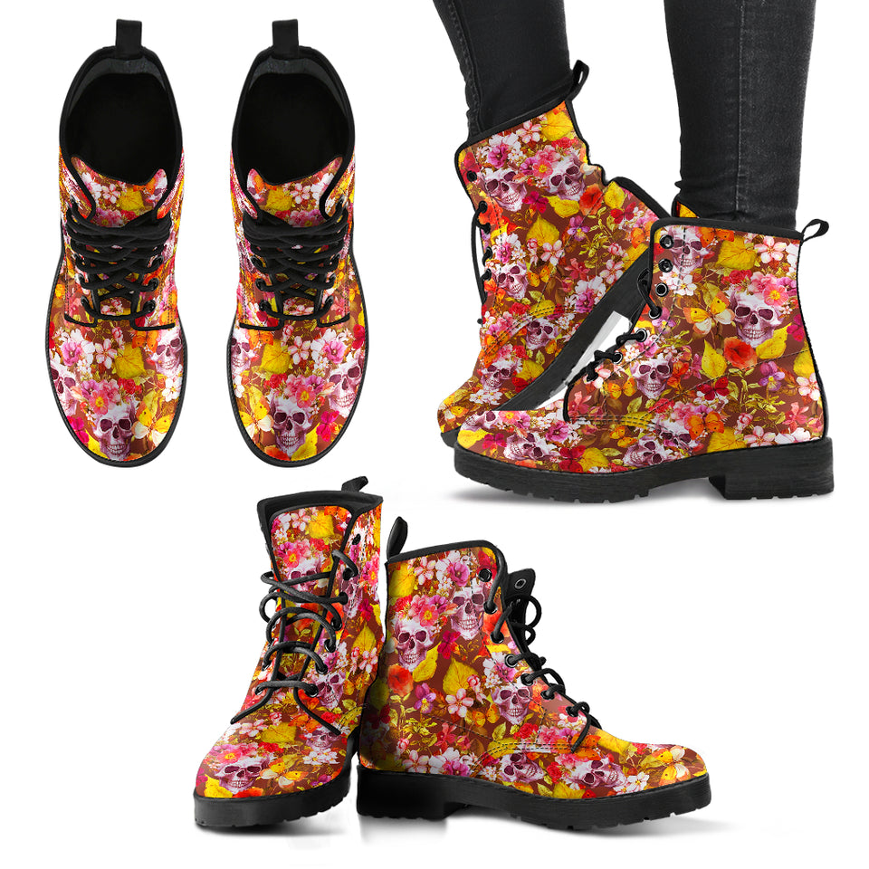 Flower Skulls, Womens Leather Boots, Vegan Leather, Handmade Crafted, Streetwear, Hippie, Floral, Festival Boots, Rain Boots, Classic Boot