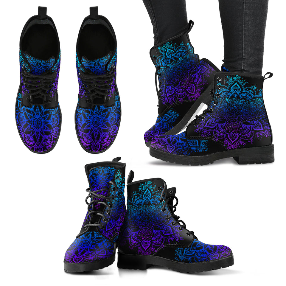 Owl Blue Purple, Womens Leather Boots, Vegan Leather, Spiritual, Multi Colored