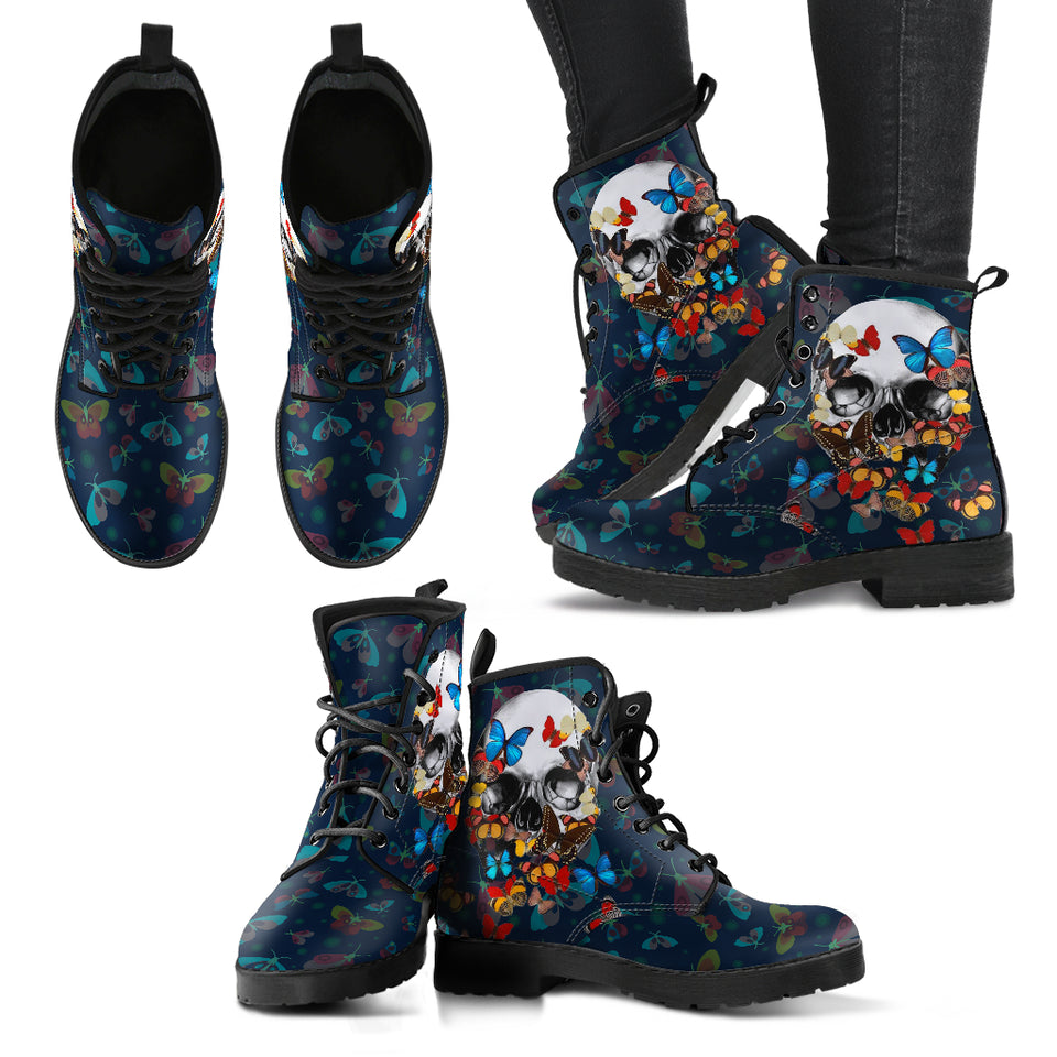 Butterfly Skull, Gothic Hiking Boots, Women's Boots, Vegan Leather, Combat Style Boots, Emo Punk Boots, Goth Winter Boots