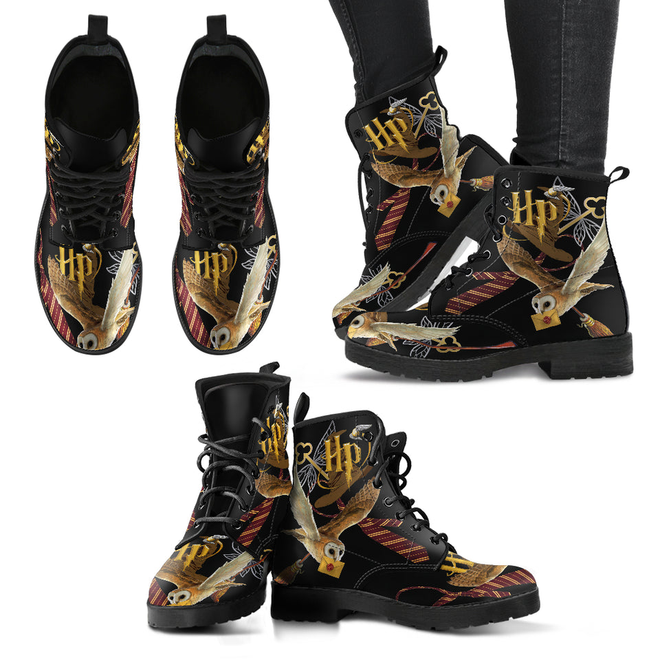 Wizard Inspired Ladies Lace Up Boots, Black, Owl, Festival
