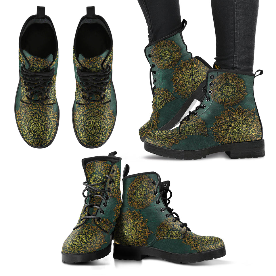 Green Mandala Boots, Leather Boots Women