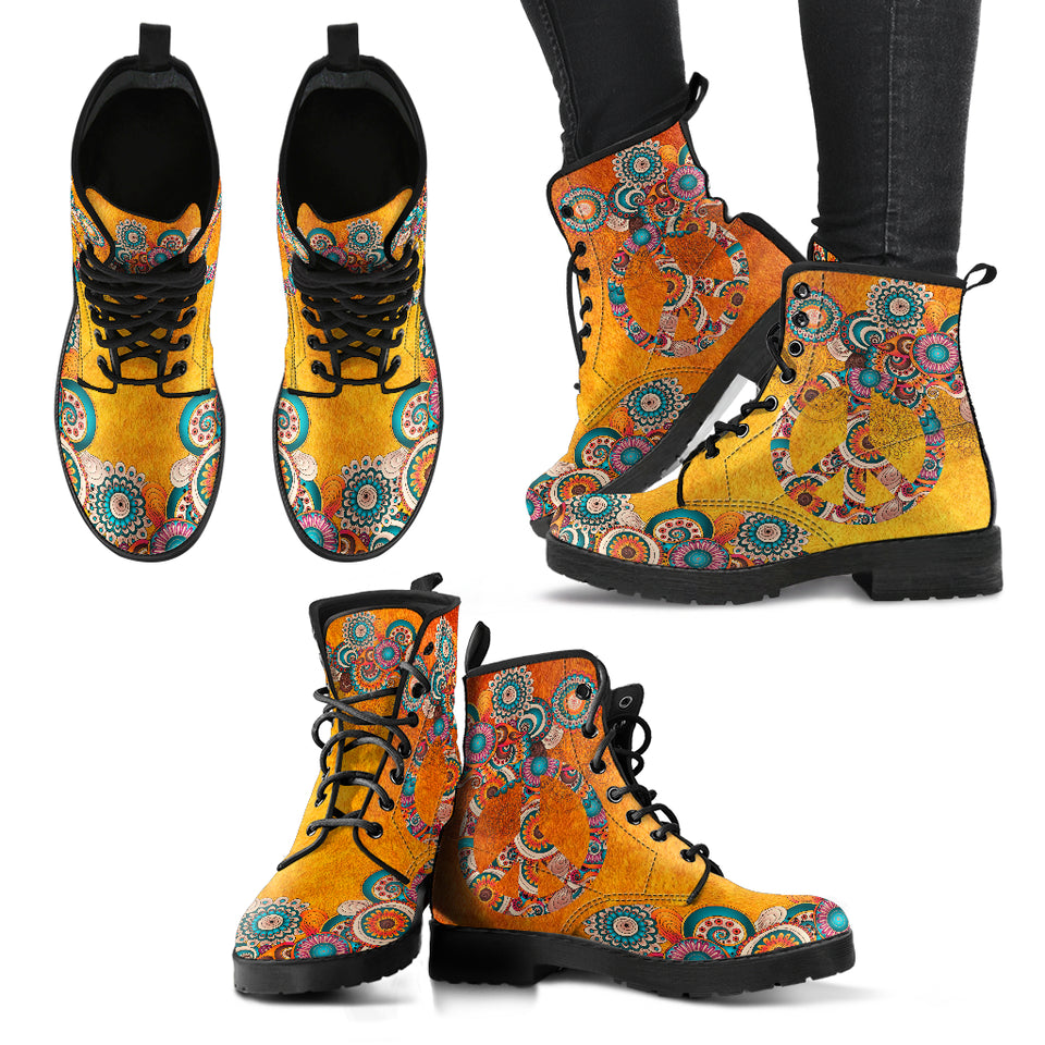 Orange Peace Sign, Womens Leather Boots, Handmade Crafted, Streetwear, Vegan Leather, Women Girl Gift, Hippie, Paisley, Classic Boot