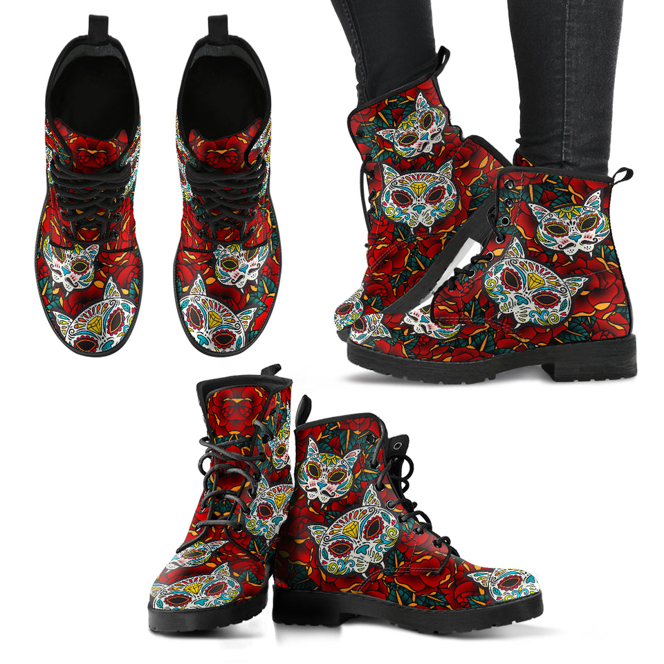 Sugar Skull Cat, Handcrafted Boots, Leather Boots Women, Floral, Vegan Leather, Multi Colored, Womens Printed Shoes, Hipster, Streetwear