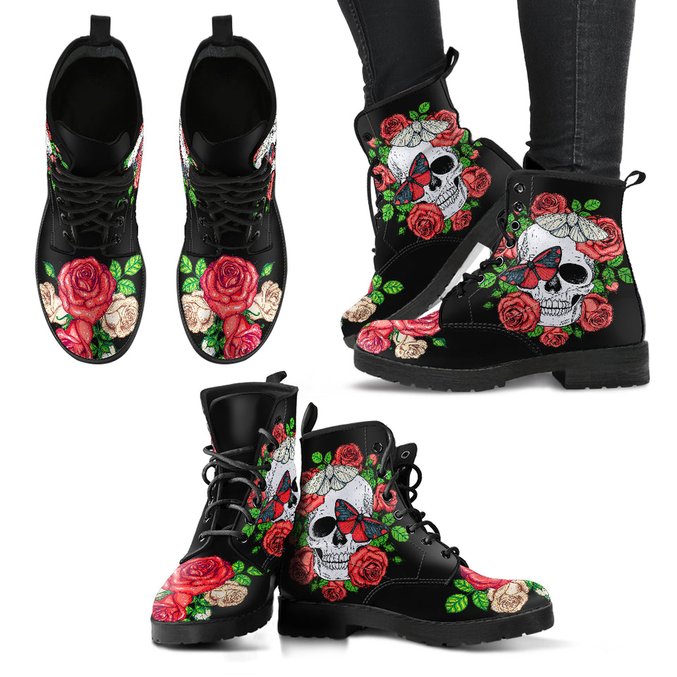 Skull and Roses, Gothic Hiking Boots, Women_s Boots, Vegan Leather, Combat Style Boots, Emo Punk Boots, Goth Winter Boots - up lai