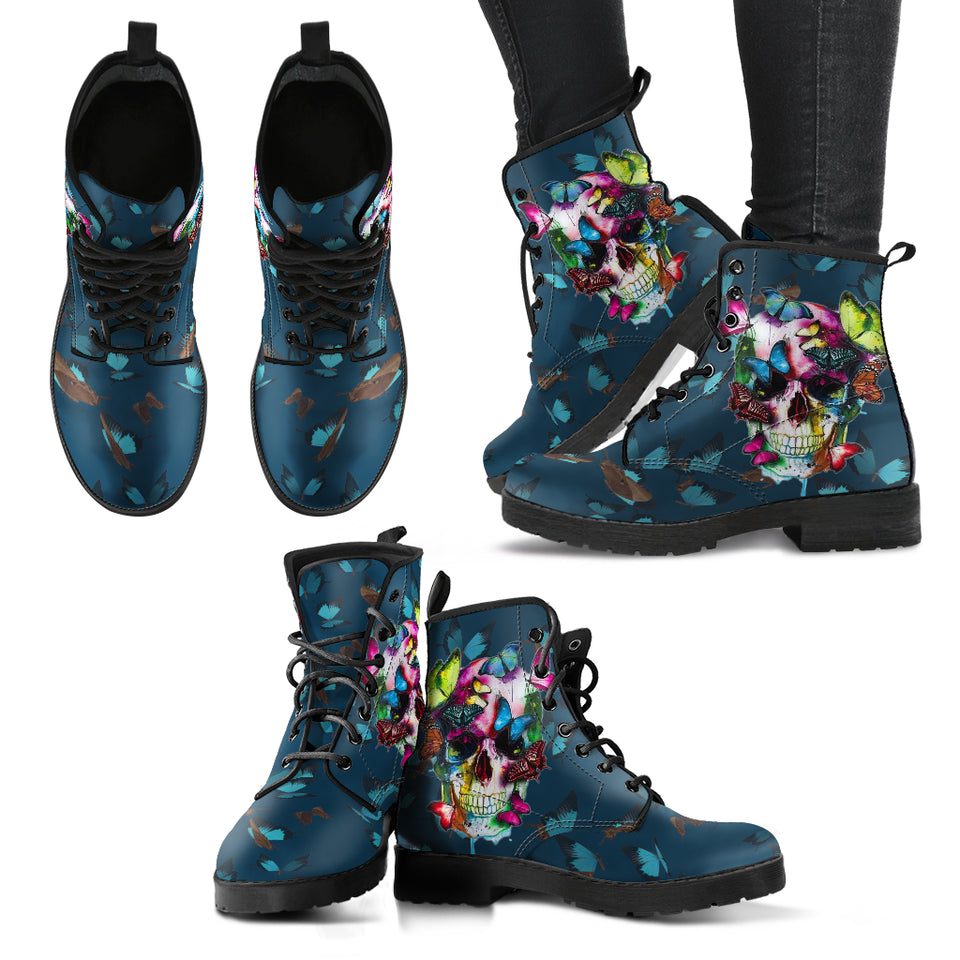 Colored Butterfly, Sugar Skull, Vegan Leather, Leather Boots Women