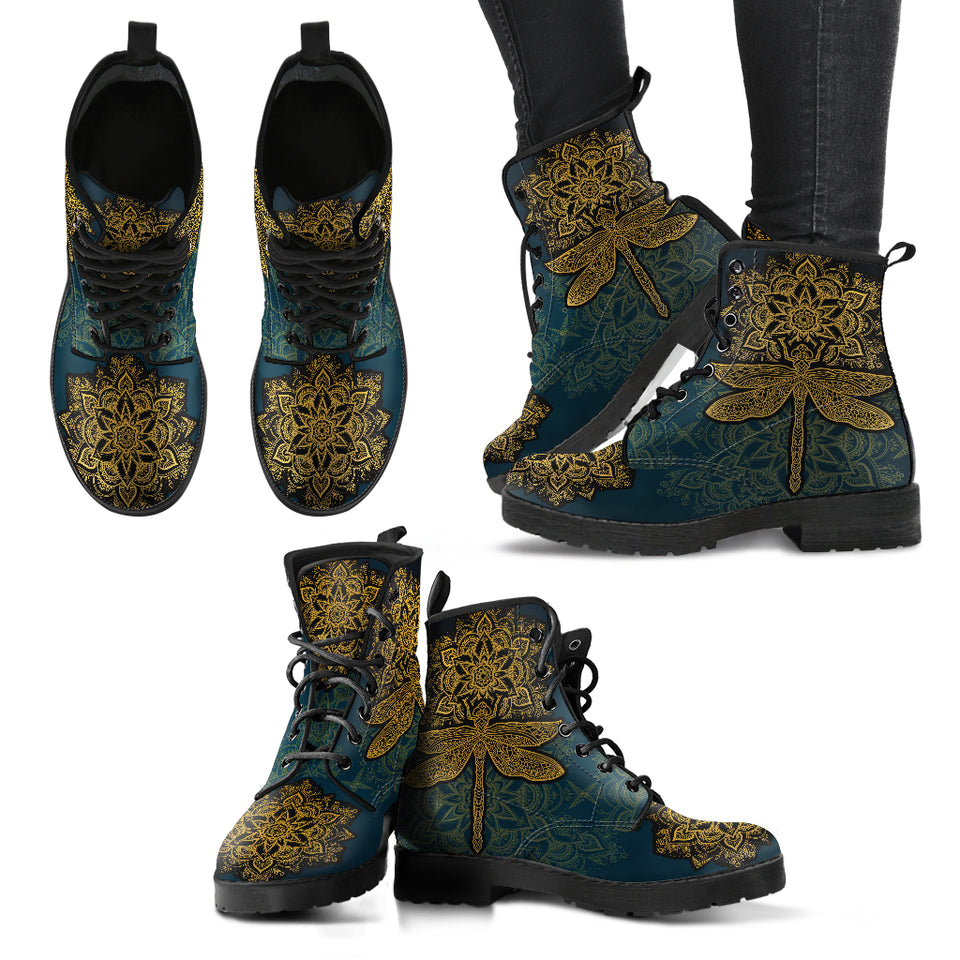 Dragonfly Boots, Golden Mandala, Womens Leather Boots, Hippie, Streetwear
