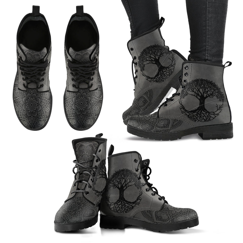Grey Tree of Life, Handcrafted boots, Vegan Leather, ankle Boots women, Festival Boots, Bohemian Style, Hippie Boots, Hikers Boots women - up lai