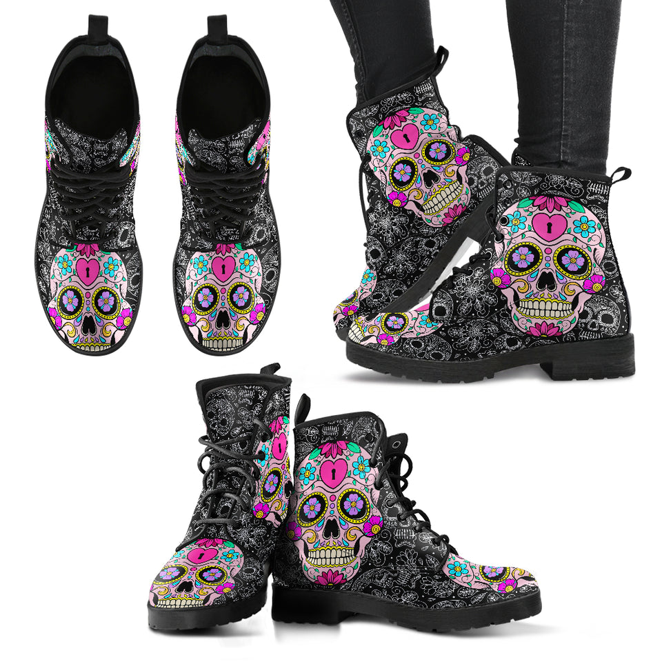 Sugar Skull Boots, Sugar Skull Shoes, Mens Womens Leather Boots, Skull Boots, Handcrafted Boots, Snow Boots Women, Rain Shoes, Womens Outdoor Boots, Ankle Booties V2