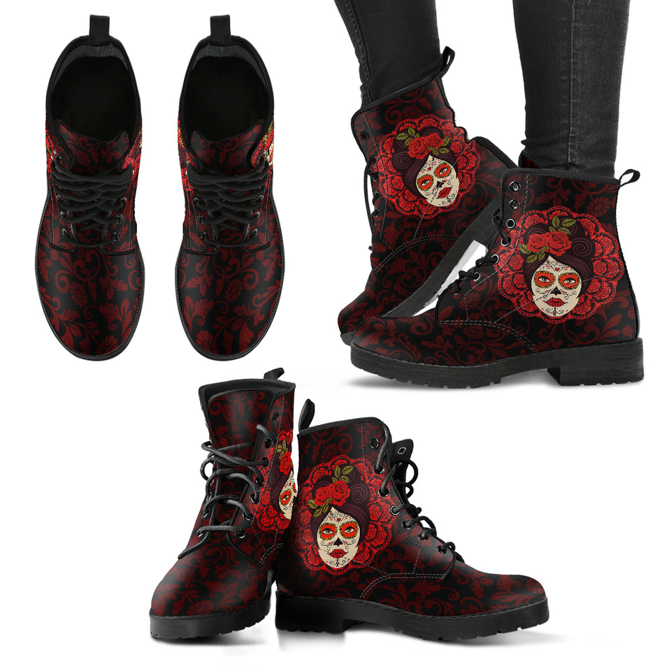 Mexican Skull Girl, Womens Leather Boots, Skull Shoes, handcrafted boots, snow boots women, Rain Shoes, womens outdoor boots, Ankle Booties