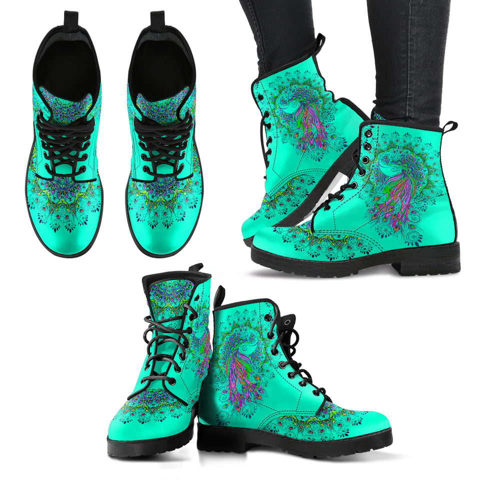 Peacock Mandala, Turquoise Teal Green, Women's Boots, Vegan Leather