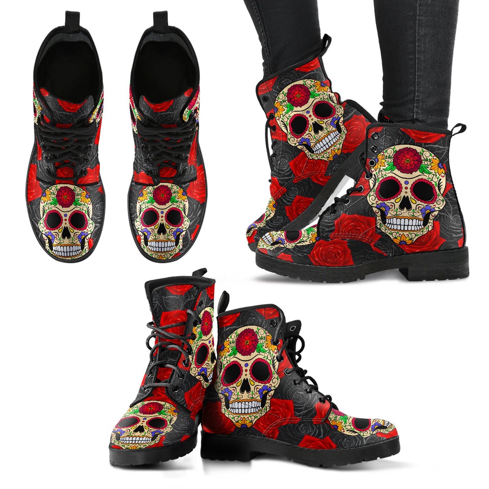 Sugar Skull Boots, Handmade Crafted, Womens Leather Boots, Hippie, Floral, Multi Colored, Vegan Leather, Streetwear, Classic Boot