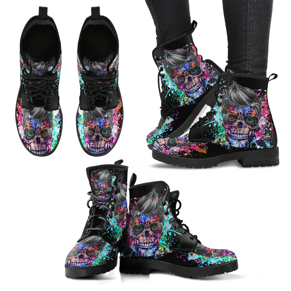 Flower Skulls, Womens Leather Boots, Vegan Leather, Handmade Crafted, Streetwear, Hippie, Floral, Festival Boots, Rain Boots, Classic Boot