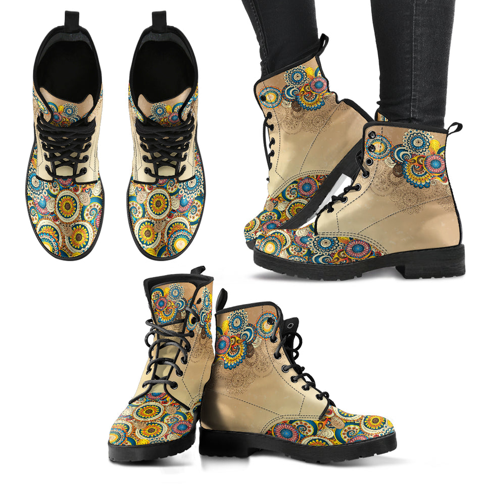 Vintage Hippie, Geometric Abstract, Women's Boots, Vegan Leather, Combat Style Boots, Beige Teal, Student Artist, Hippie Gyspy Fairy - up lai