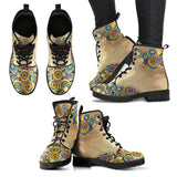 Vintage Hippie, Geometric Abstract, Women's Boots, Vegan Leather, Combat Style Boots, Beige Teal, Student Artist, Hippie Gyspy Fairy - up lai