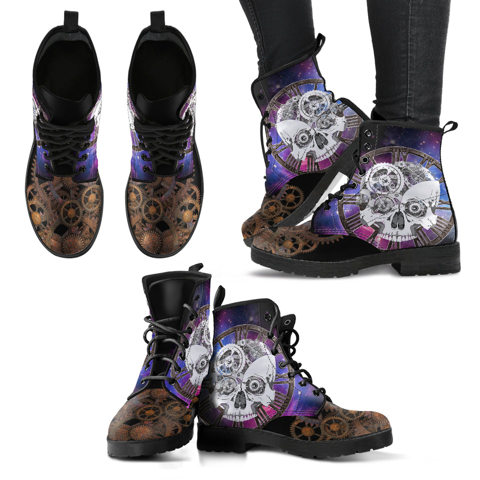 Steampunk Skull, Clockwork Galaxy, Women's Boots, Vegan Leather, Combat Style Boots, Emo Punk Boots, Goth Winter Boots