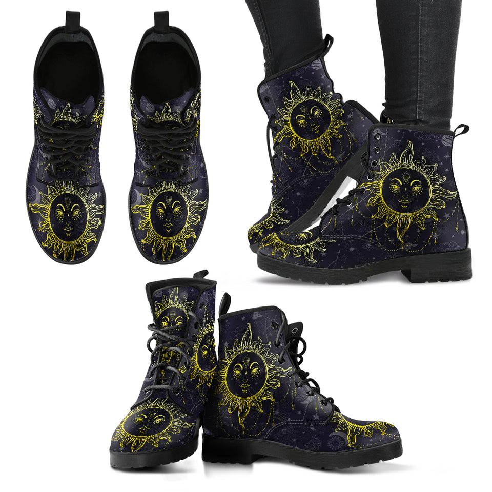 Sun and Moon, Mandala Design, Women's Boots, Vegan Leather, Combat Style Boots