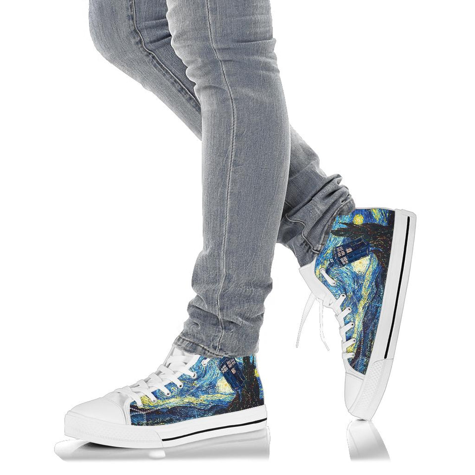 TARDIS in the Starry Night Custom Sneakers, Doctor Who Custom Shoes, Van Gogh Hand Painted Shoes