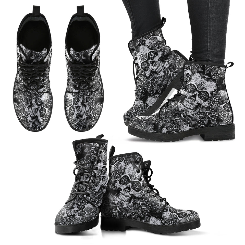 Black & White Skulls, Vegan Leather, Leather Boots Women, Handcrafted Boots, Floral, Bohemian boots, Hipster, Womens Printed Shoes