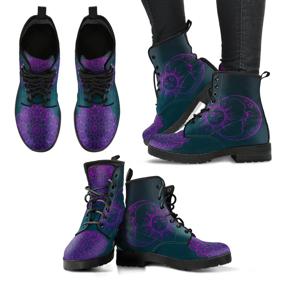 Purple Sun and Moon, Womens Leather Boots, Purple Lotus Mandala, Sun Silhouette